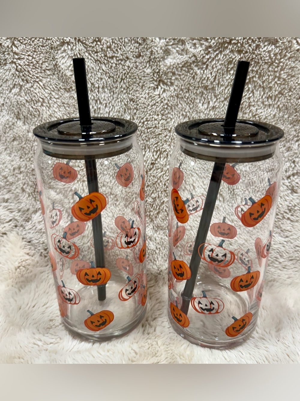 Halloween Pumpkin Double Tumbler Set with Black Straw - Orange Pumpkin Design